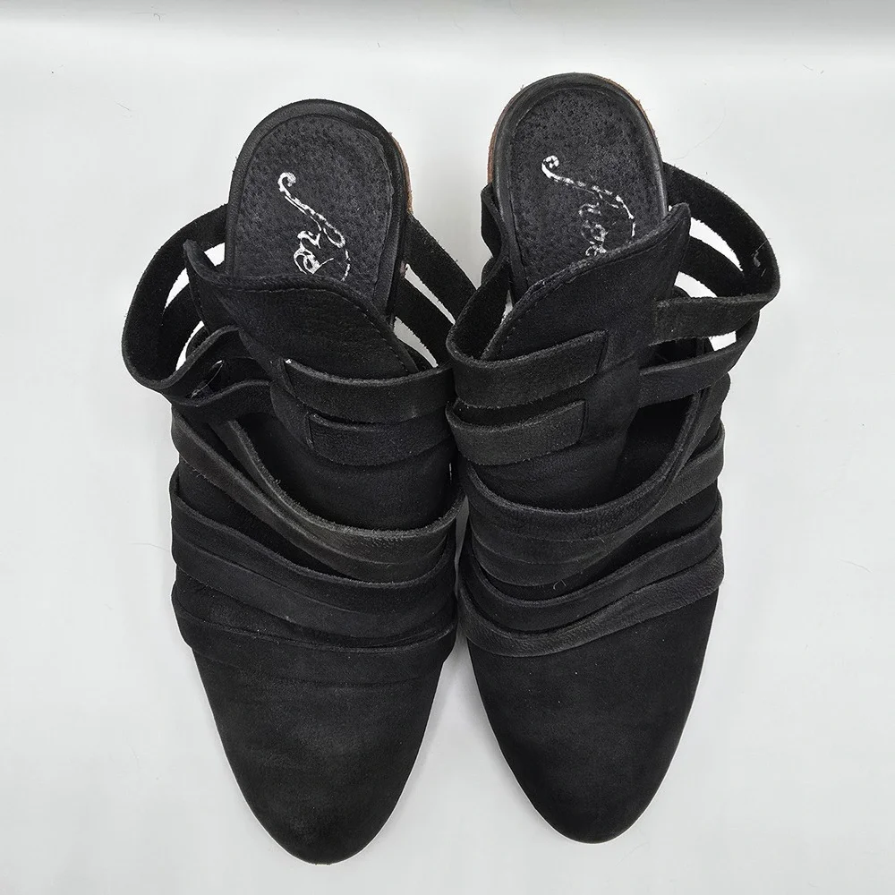 Free People Byron Mules Black Suede Leather Strappy Clog Heels‎ Size 38
